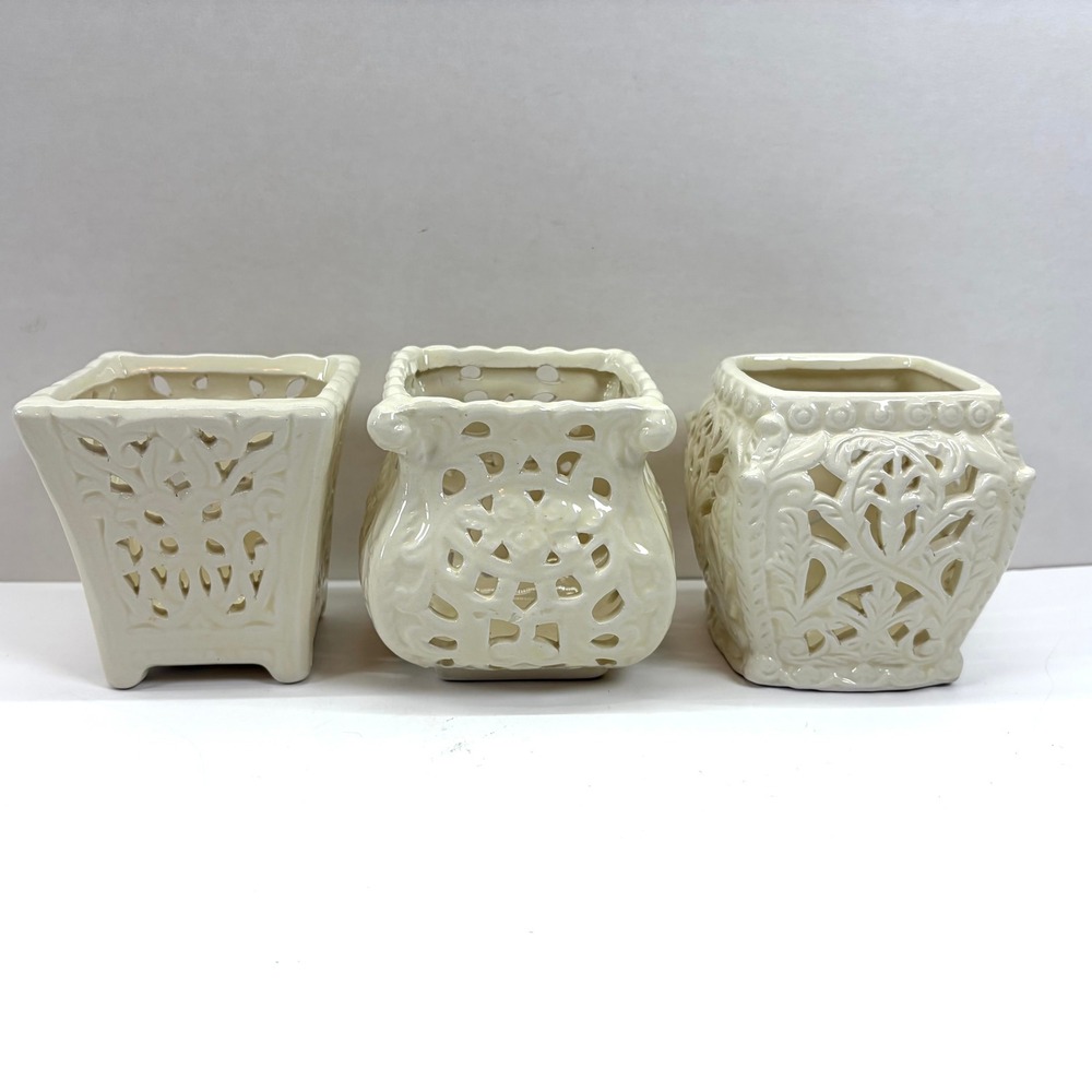 Pacific Rim Candle Holders Lattice Cutout Cream Ivory Ceramic Votive Lot of 3 VG